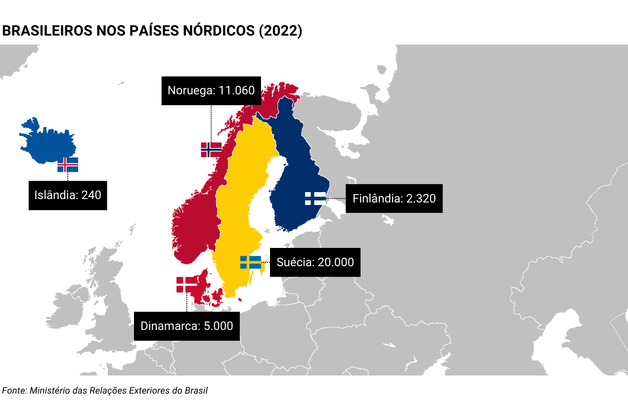 Mapa: número de brasileiros registrados pelo Itamaraty nos quatro países nórdicos (Dinamarca, Finlândia, Islândia, Noruega e Suécia)